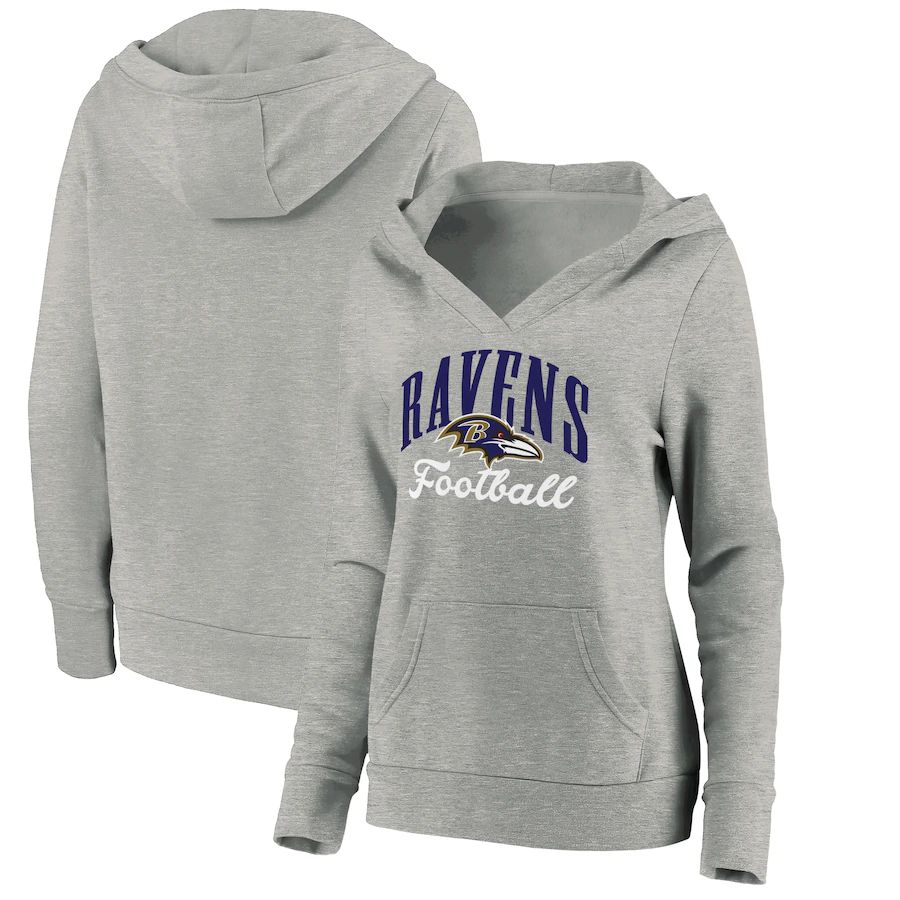 Women Baltimore Ravens Fanatics Branded Heathered Gray Victory Script V-Neck Pullover Hoodie->women nfl jersey->Women Jersey